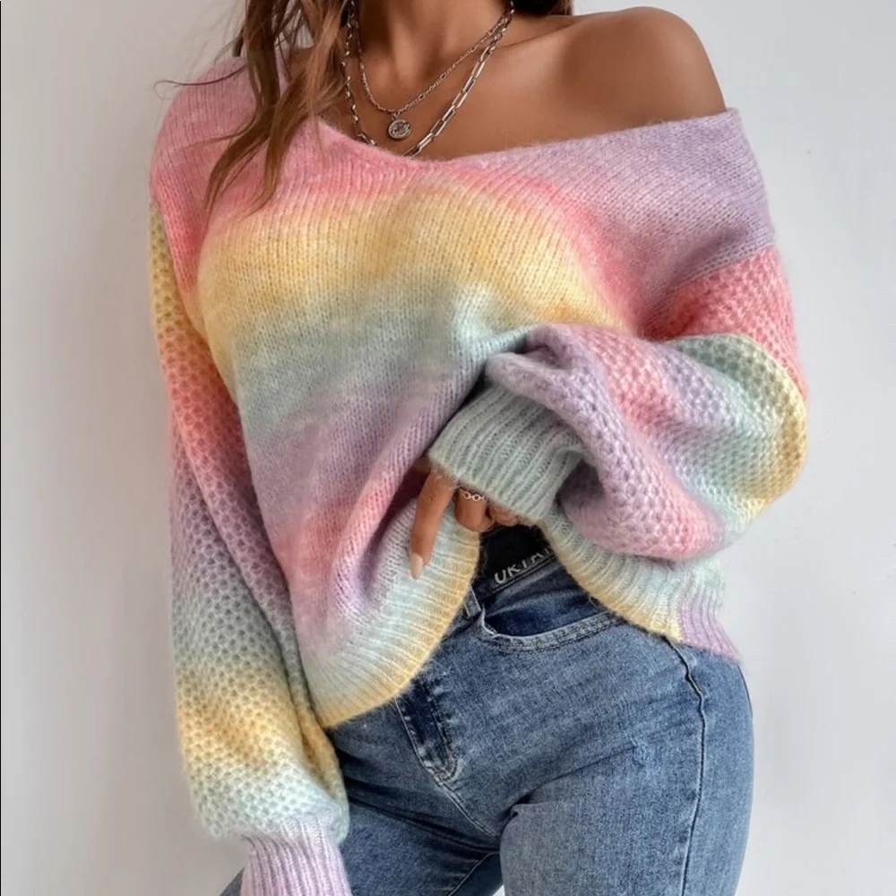 Cozy Color Block V Neck Long Sleeve Sweater Top - Picture 1 of 6